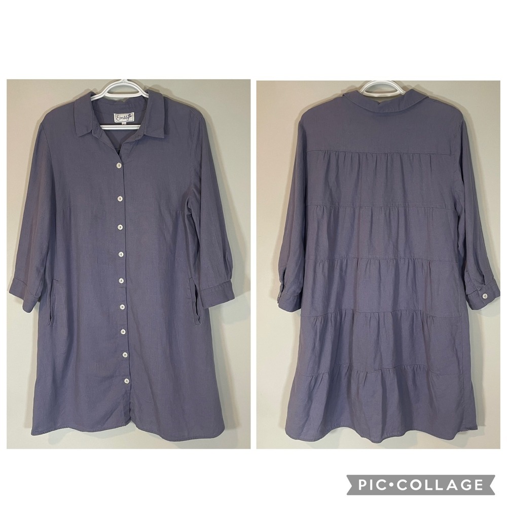 Everlily Womens Linen Tiered Back Button Front Shirt Dress Purple L‎ Lagenlook
